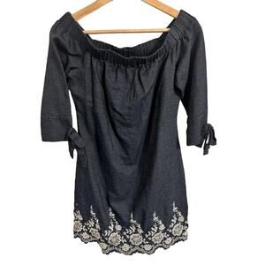 Jessica Howard‎ Off Shoulder Denim Chambray Floral Embroidered Dress Women's 6